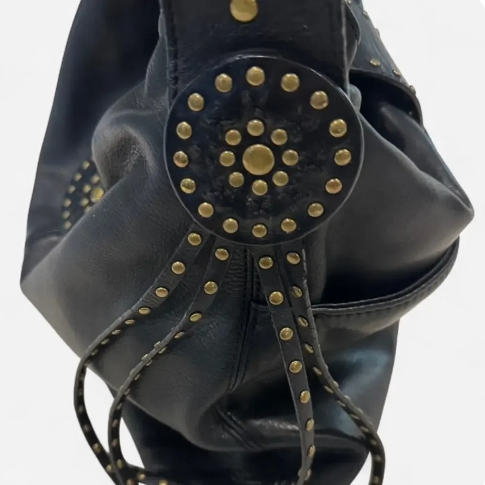 Perlina Black Genuine Leather Studded Hobo Shoulder Bag Boho